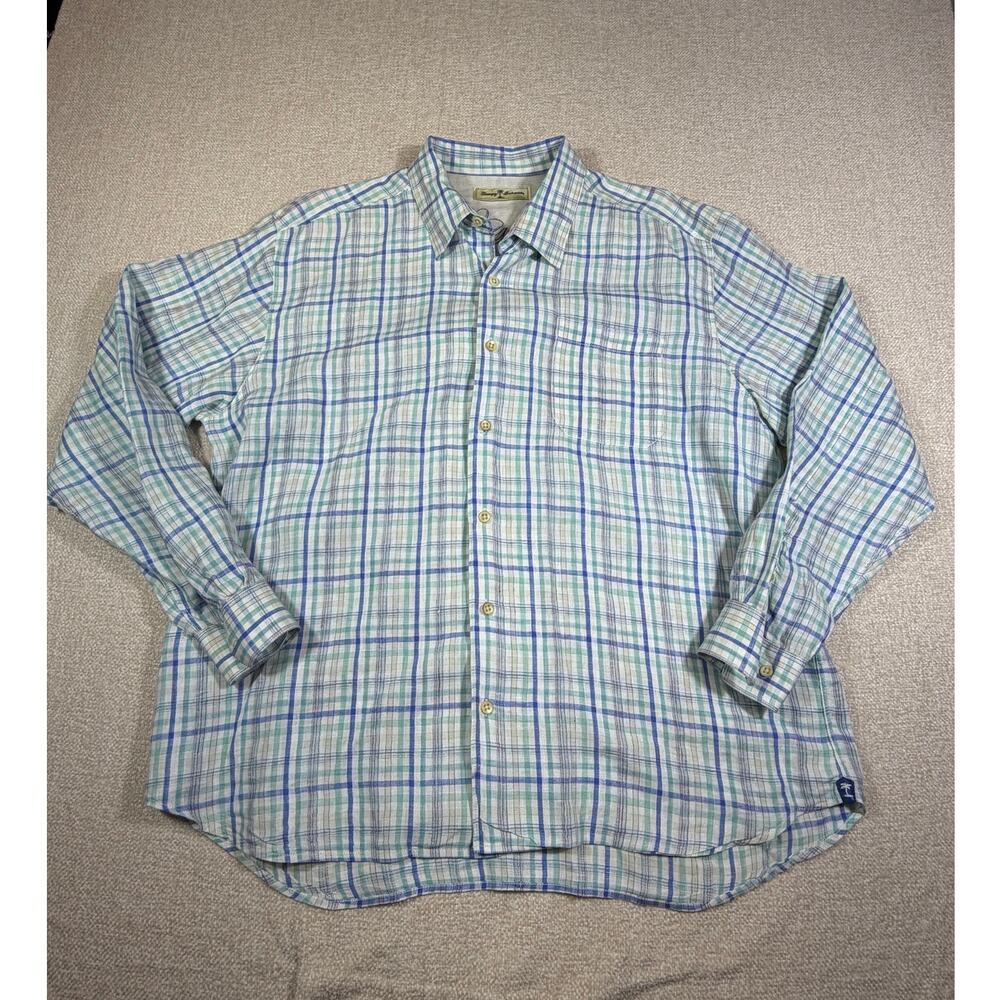 Tommy Bahama Men XL Blue White Plaid 100% Linen Long Sleeve Preppy Shirt